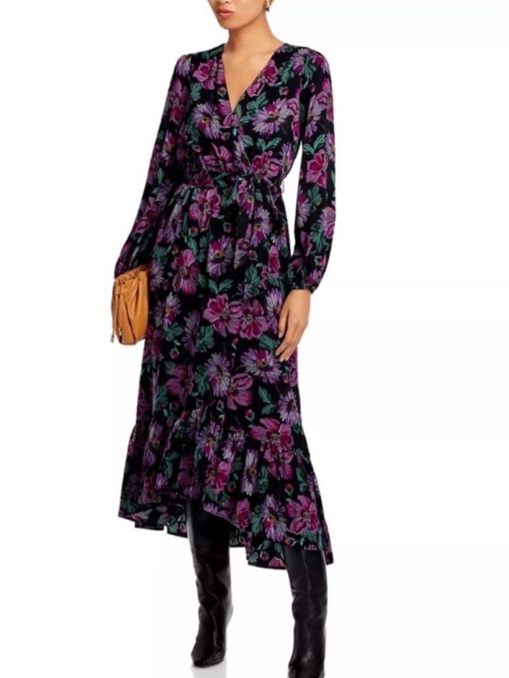 AQUA Long-Sleeve Maxi Dress V Neck Wrap-Waist High-Low Ruffle Hem, Floral – M